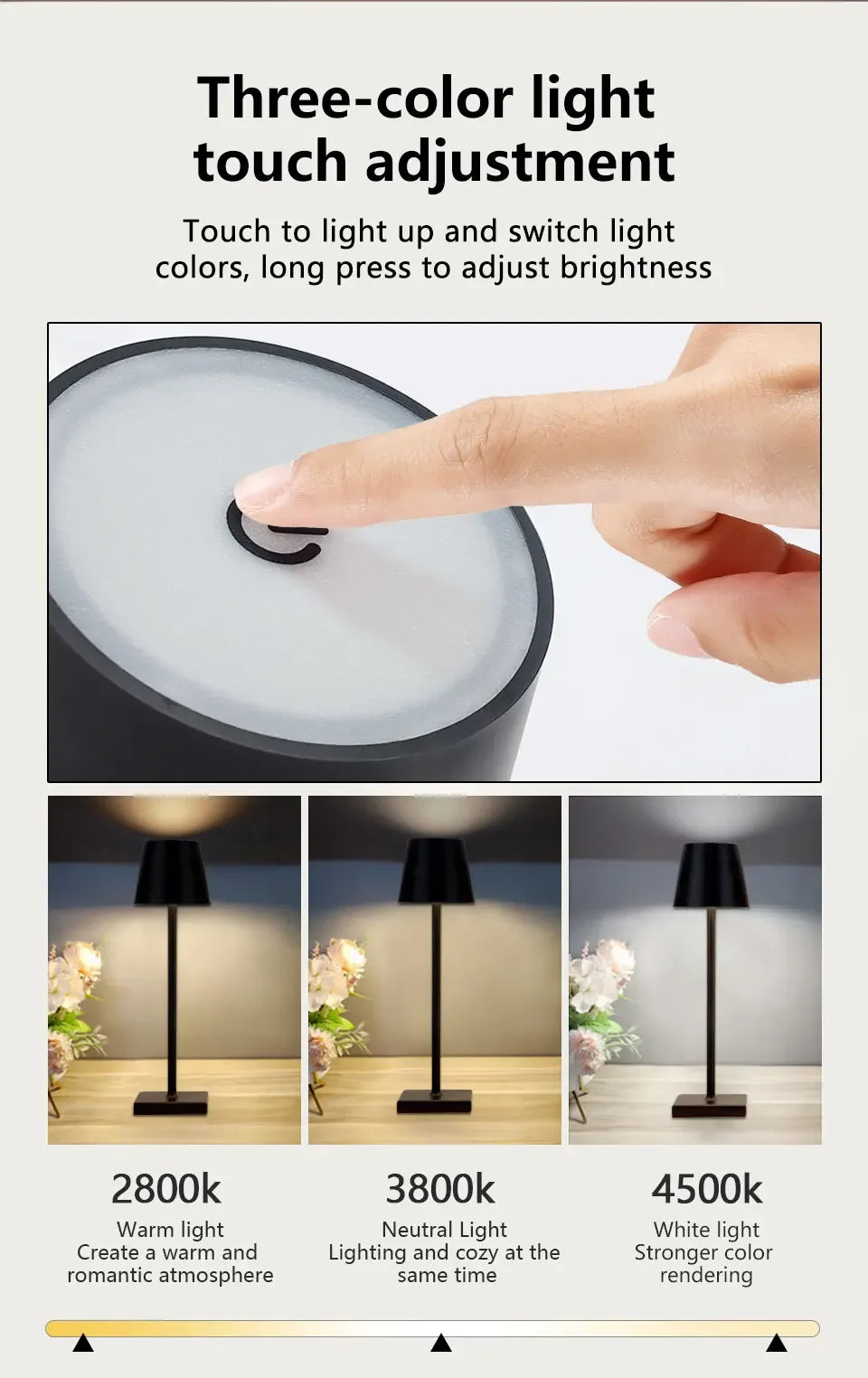 Touch top of dark lamp for three color light settings: warm, neutral, white
