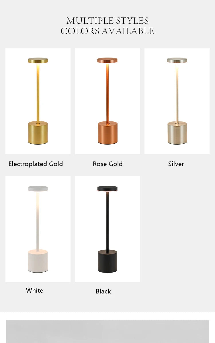 Cordless touch reading lamps in gold, rose gold, silver, white and black
