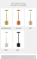 Cordless touch reading lamps in gold, rose gold, silver, white and black