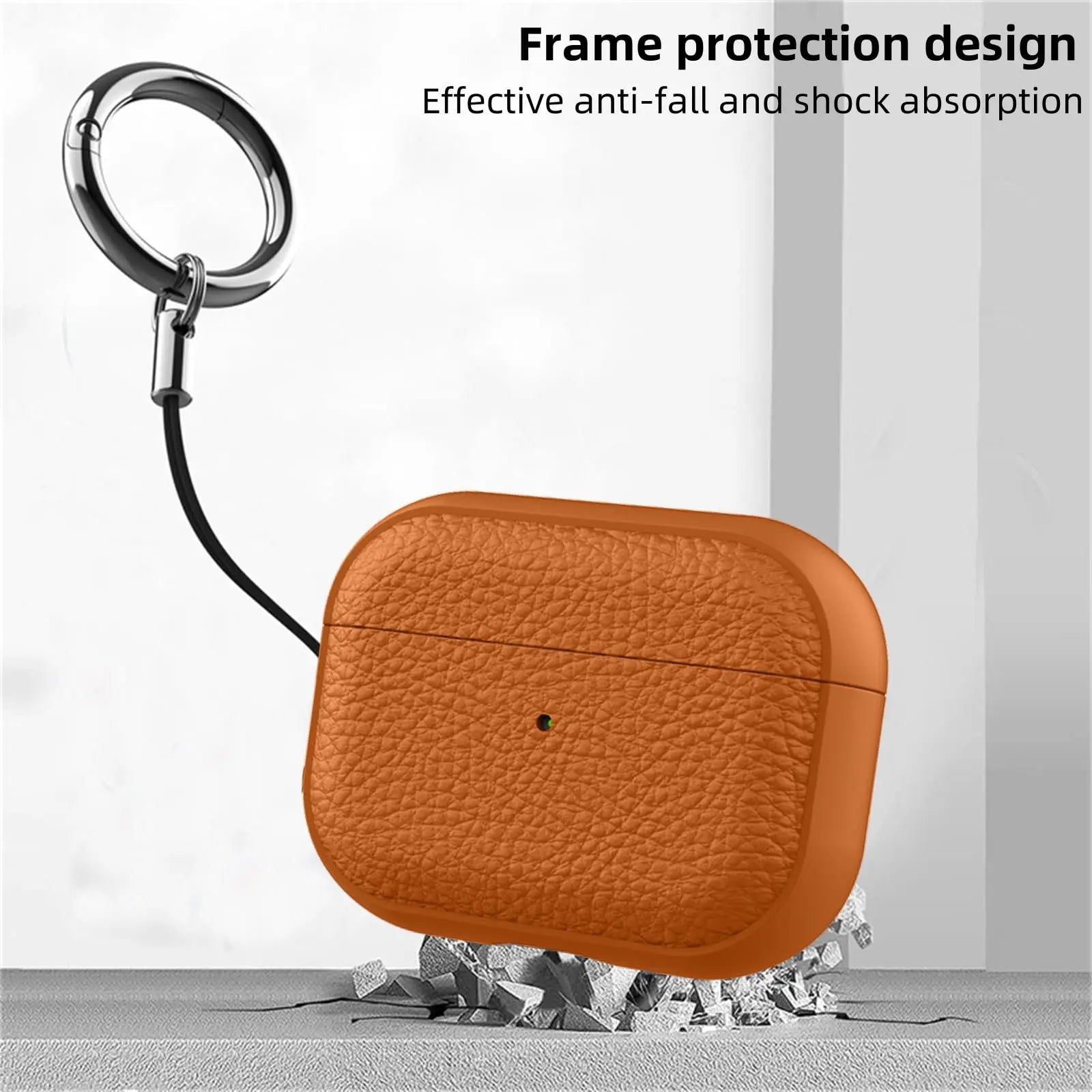 Orange leather-pattern AirPods case with keychain ring and protective lid design