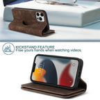 Cognac brown leather MagSafe kickstand wallet with phone propped for viewing
