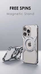 Silver rimless magnetic phone case with circular stand and camera cutouts