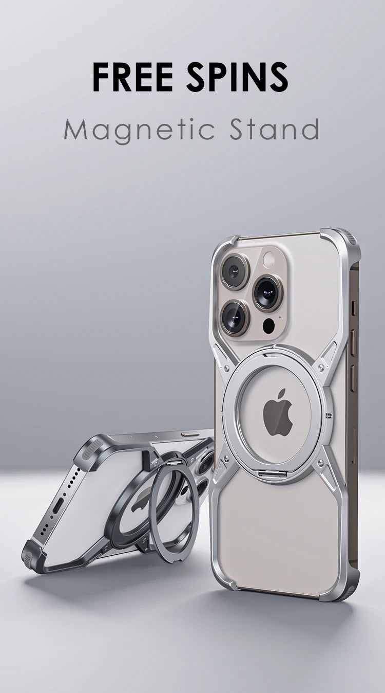 Silver rimless magnetic phone case with circular stand and camera cutouts