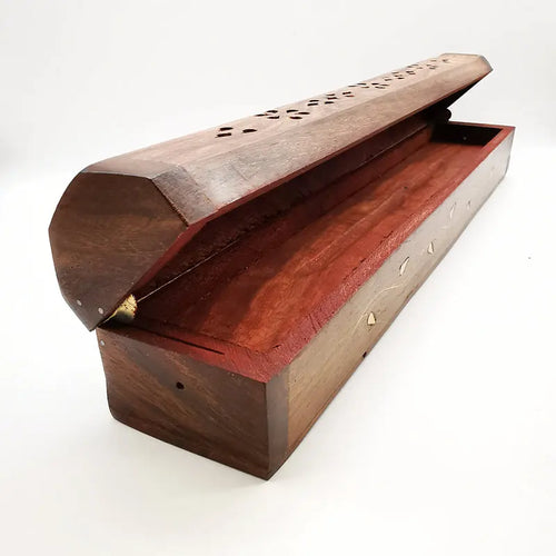 Carved rosewood incense box with lid open, showing red-lined interior channels