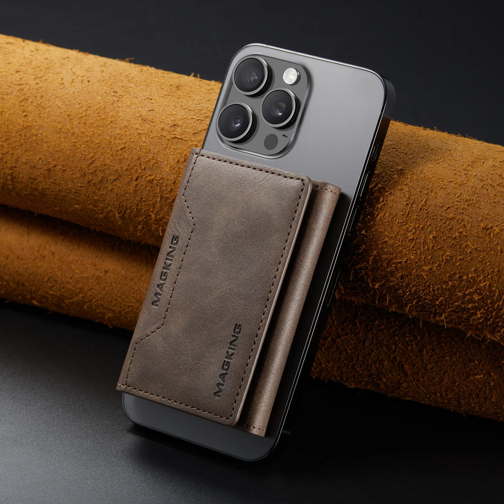Gray slim leather wallet with vertical card slot, attached to a phone