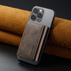 Gray slim leather wallet with vertical card slot, attached to a phone