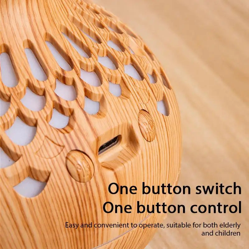 Wood grain mini vase humidifier close-up of side control opening