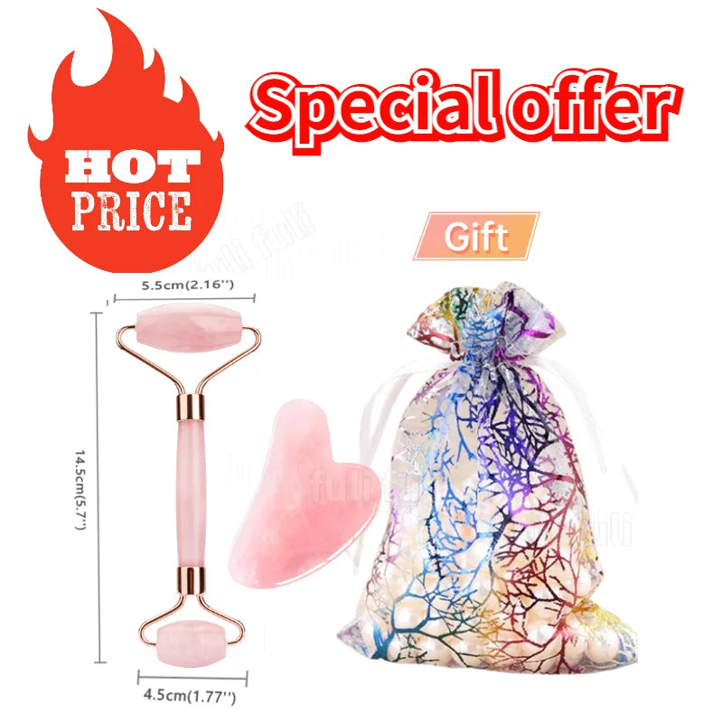 Rose quartz glow roller and heart-shaped gua sha tool, gift pouch