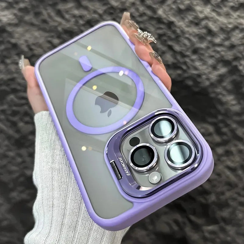 Purple magnetic lens phone case with clear back and metal-ring camera cutouts