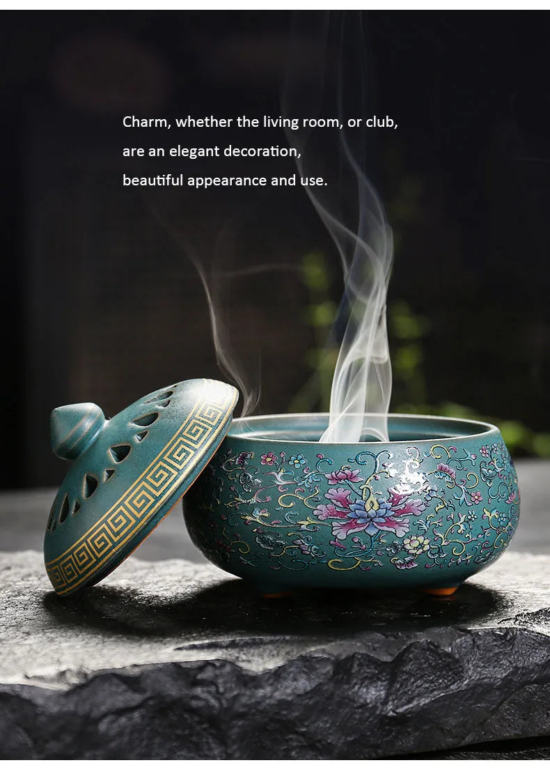 Sky Blue incense burner with lid open, pierced lotus cover and floral body