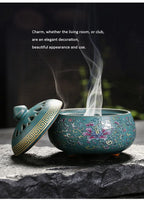 Sky Blue incense burner with lid open, pierced lotus cover and floral body