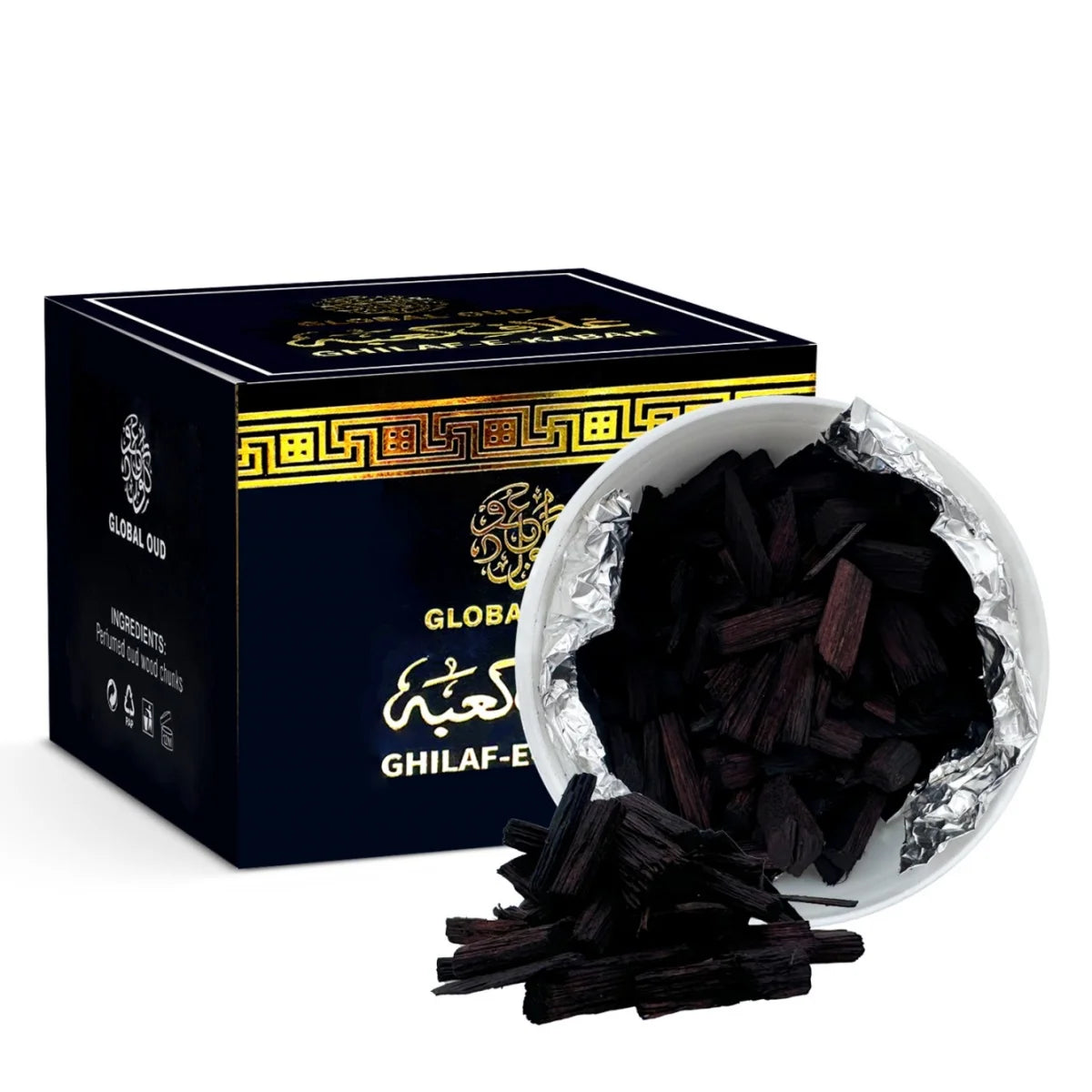 Dark oud incense sticks in a foil-lined dish with a navy box