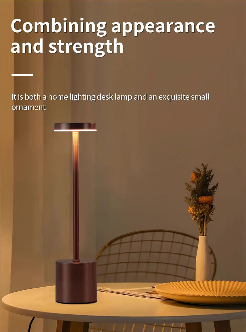Black mini table lamp with slim pole, round base, and warm lit glow
