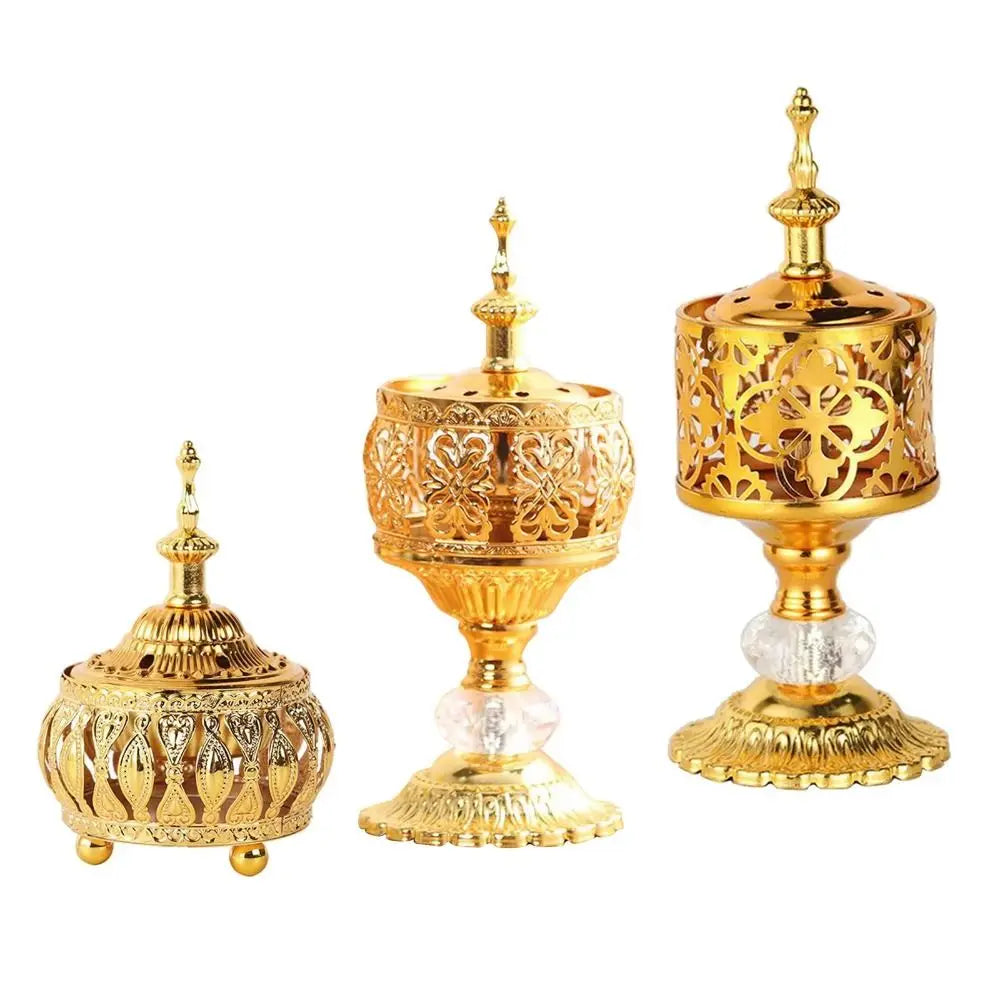 Gold incense holder set with three styles: dome, lattice cup, and open base dish