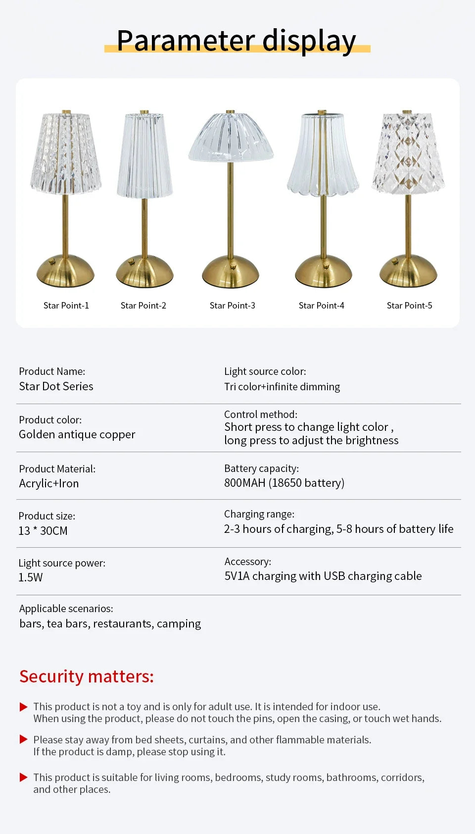 Cordless dimmable night lamp product chart showing multiple shade designs and colors