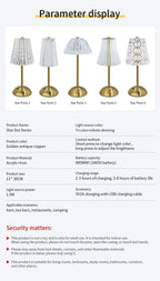Cordless dimmable night lamp product chart showing multiple shade designs and colors