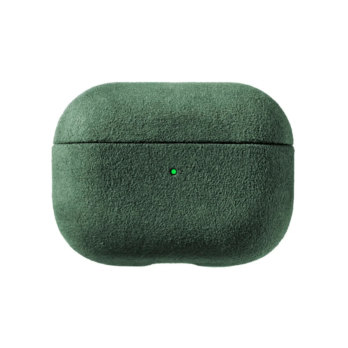 Alcantara AirPods case in green, closed with textured finish and center seam