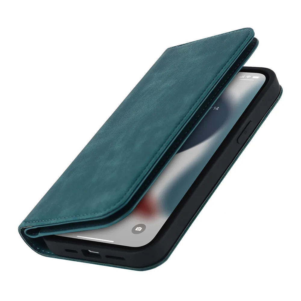 Kickstand MagSafe wallet in teal with flip cover, phone seated