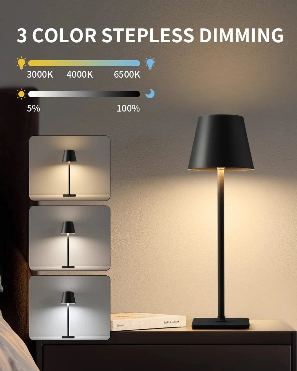 3-color step-less dimming cordless LED desk lamp with dark shade and warm glow