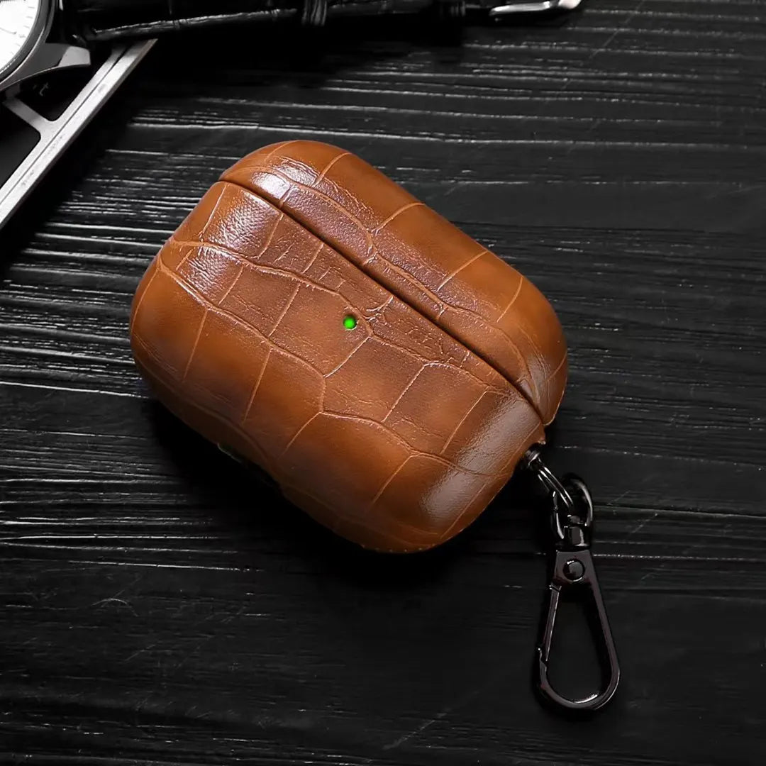 Crocodile grain AirPods case in dark brown with keychain carabiner clip