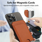 Brown MagSafe wallet stand with card-protecting pocket on a smartphone