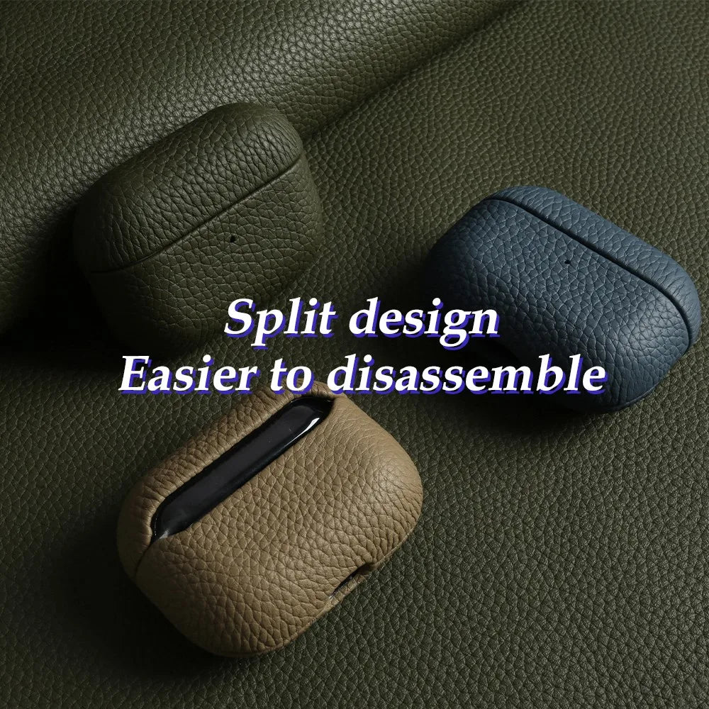 Split cowhide leather AirPods case design in dark green and tan