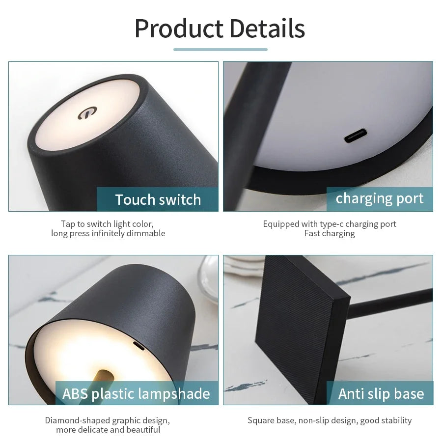 Obsidian black lamp close-up with touch switch and side Type-C charging port