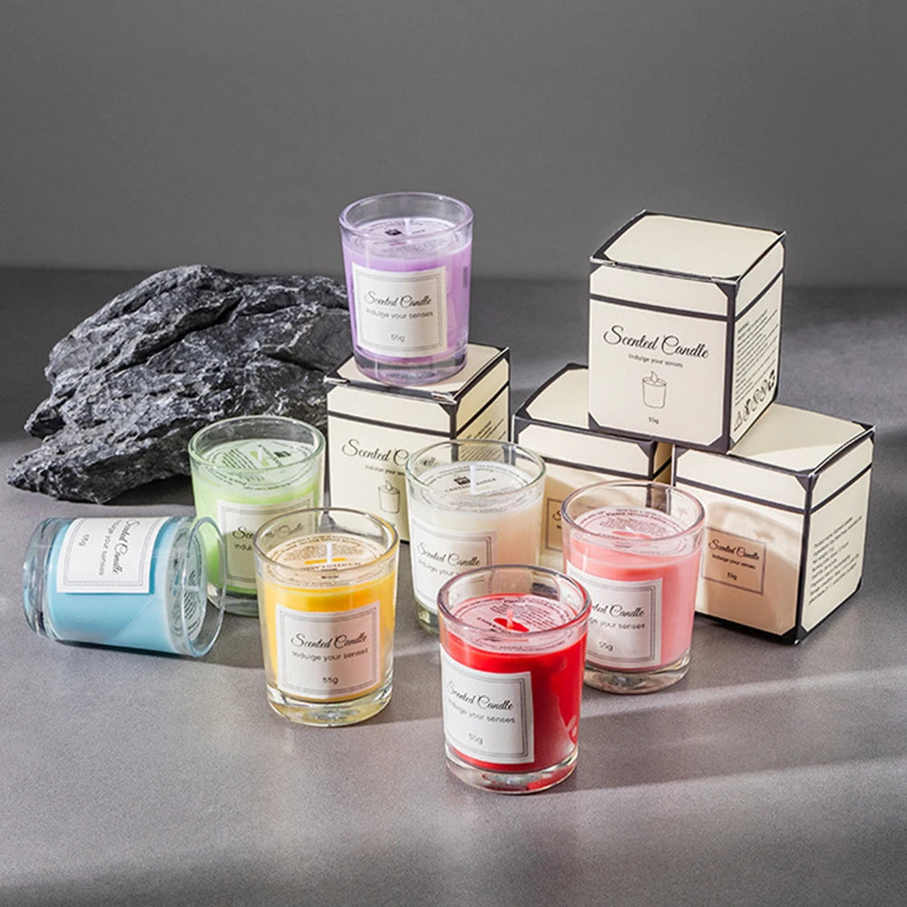 Aromatherapy candle gift set with assorted scented candles and cardboard boxes