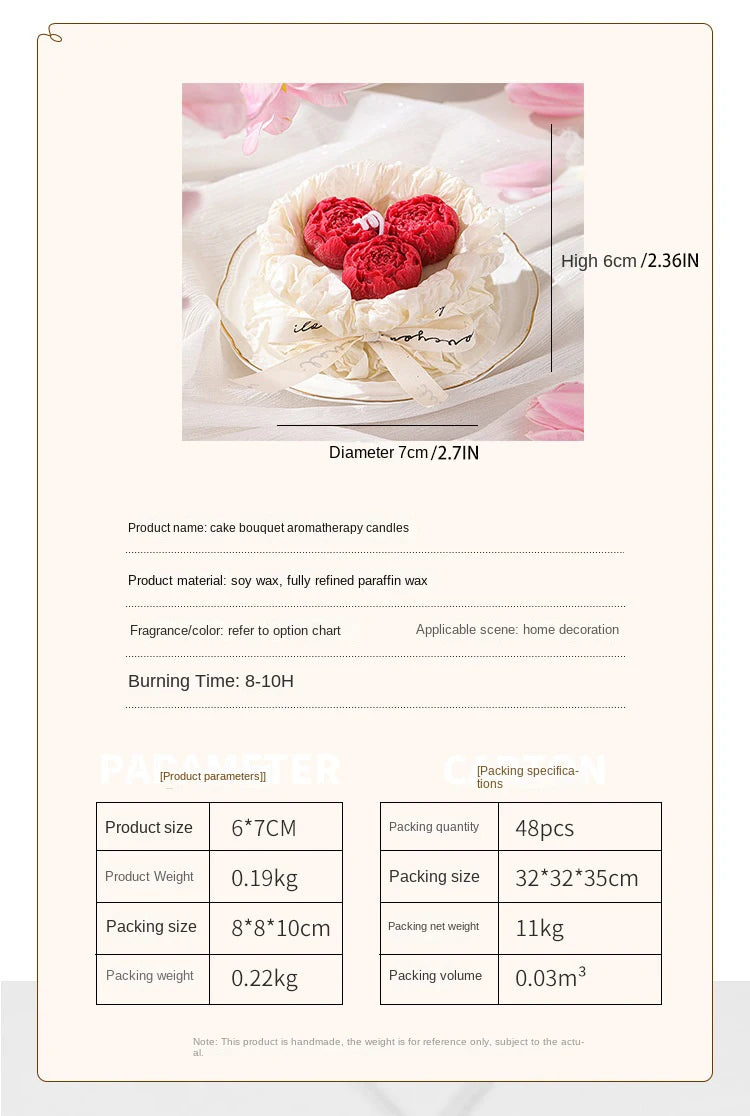 Info card: red heart candle bouquet, 6cm high and 7cm diameter