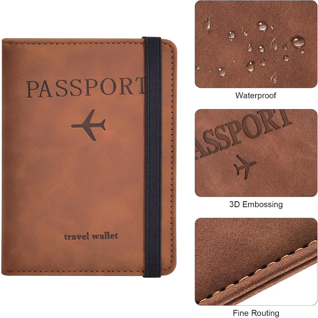 Brown passport wallet with embossed airplane design, water-resistant surface close-up