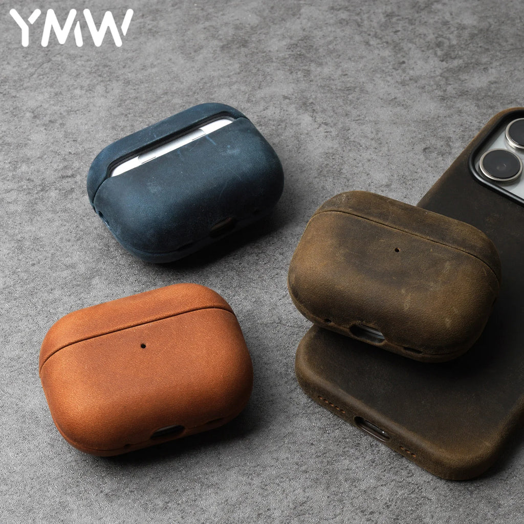 Leather AirPods case in dark blue with curved cover and bottom cutouts