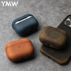 Leather AirPods case in dark blue with curved cover and bottom cutouts