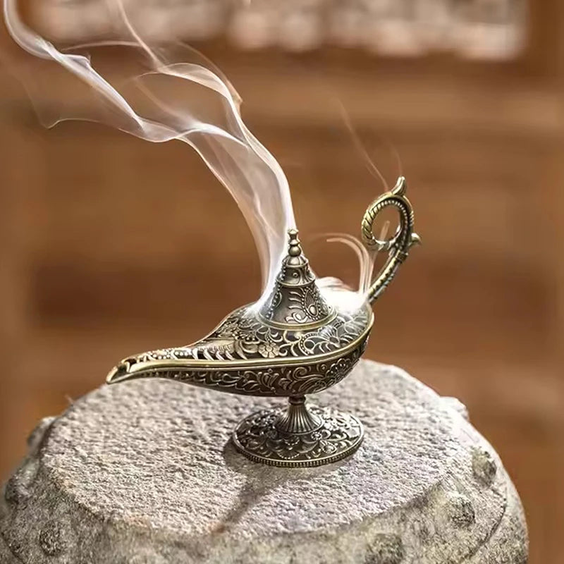 Incense burner with conical lid and curved handle, smoke plume above pedestal