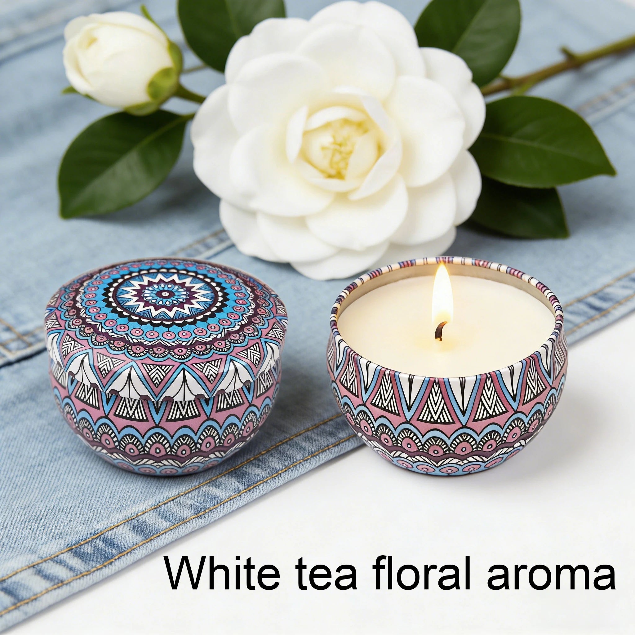 Tin candle with rose-mandala pattern—White tea floral aroma.