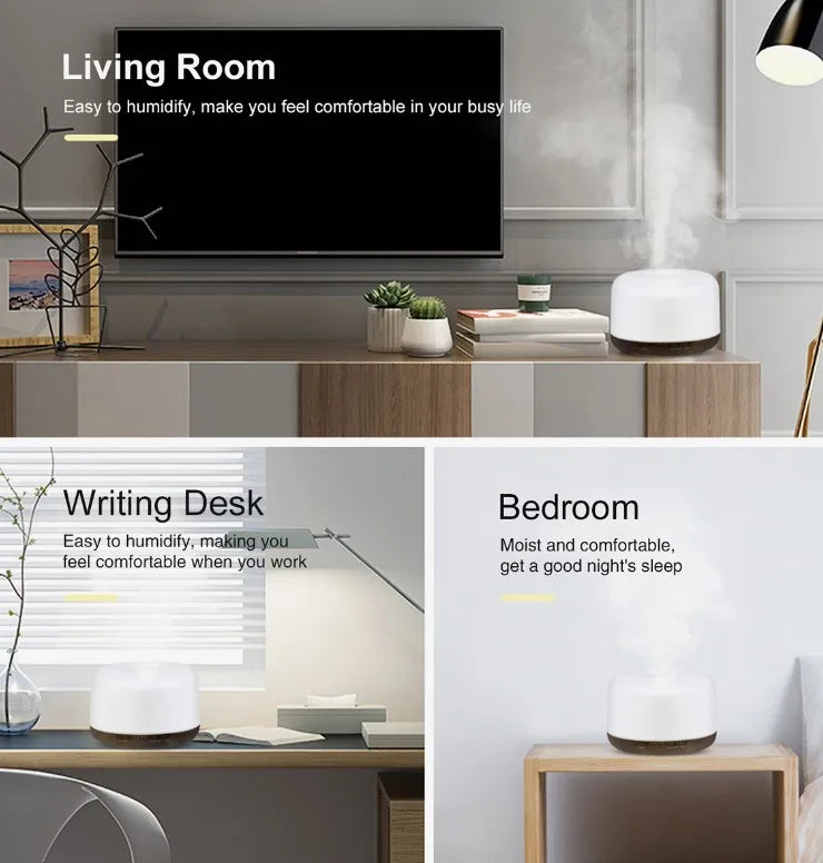 White aroma diffuser humidifier with dark wood base on a table or desk
