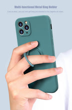 Teal silicone MagSafe phone case with circular metal ring holder on back