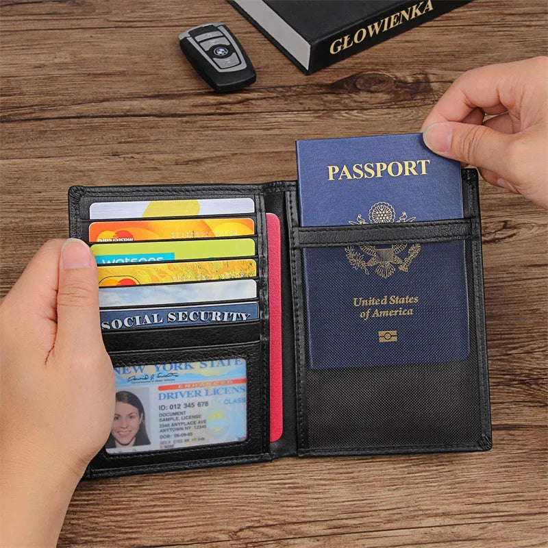 Compact travel document wallet open, passport card slots and document holder