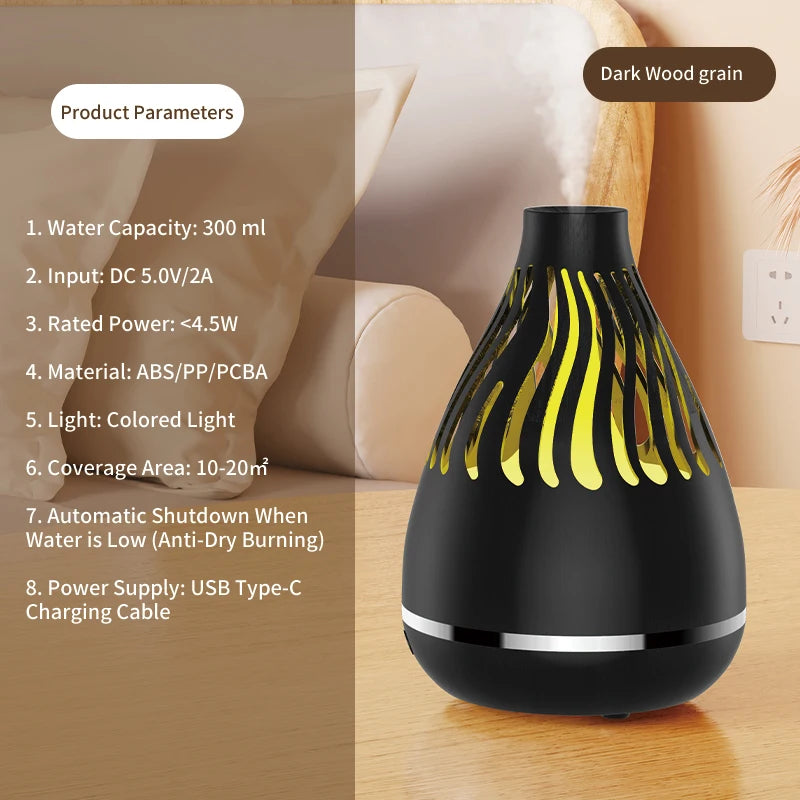 Dark wood grain aroma diffuser with yellow glowing mist vents, releasing mist.