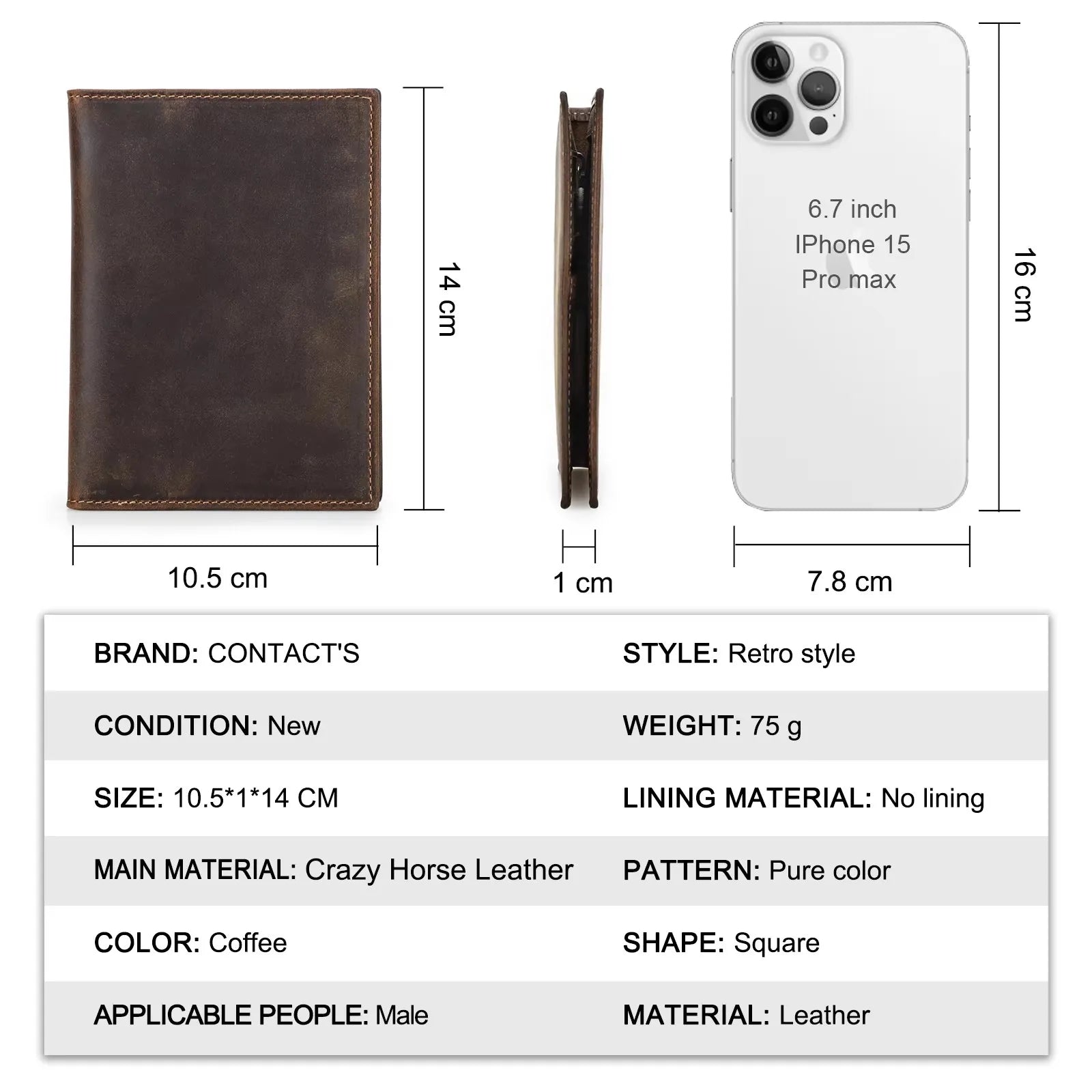 Brown leather passport wallet flat front and side view with card holder and zipper coin pocket