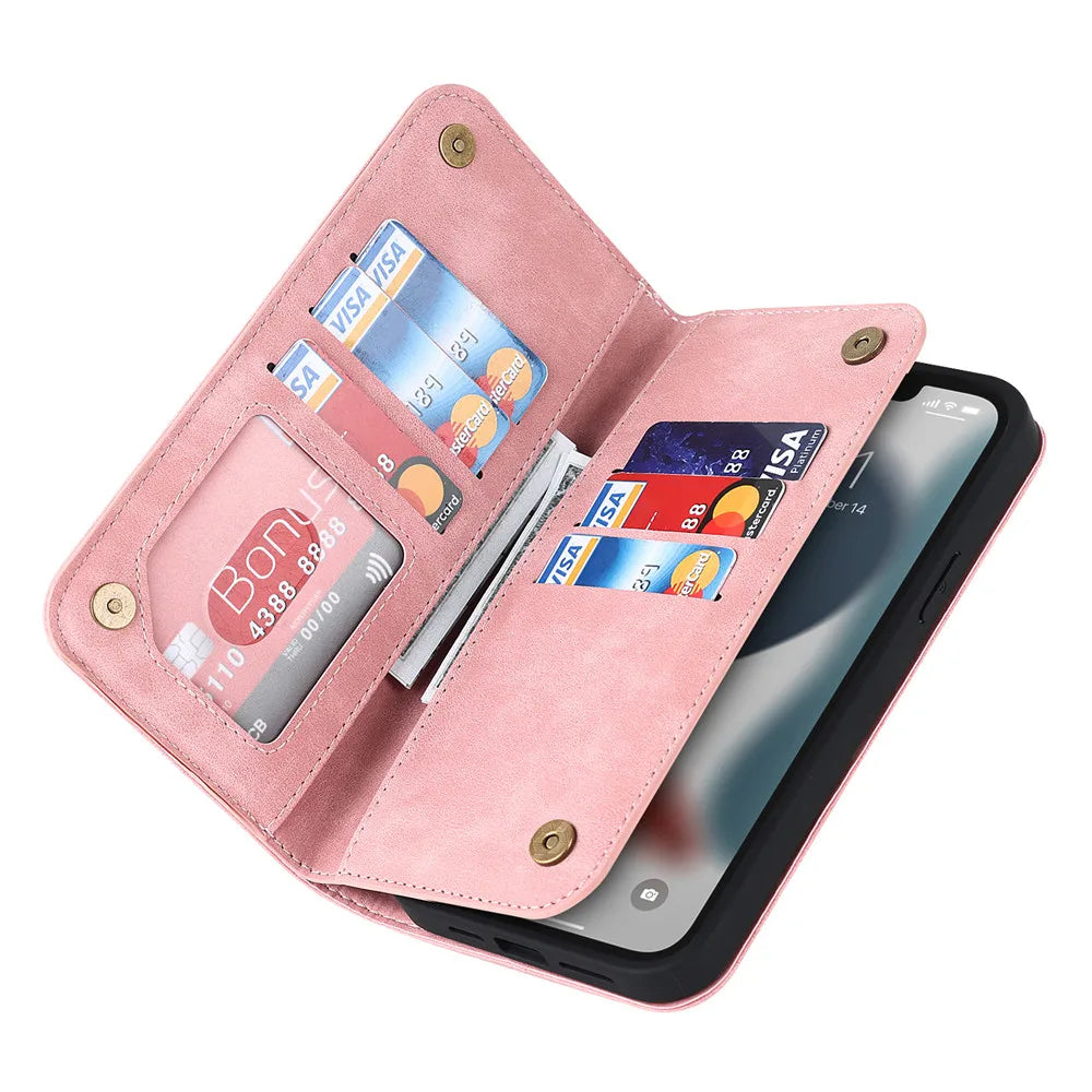 MagSafe wallet, pink leather, flip card case with snap buttons and slots for cards