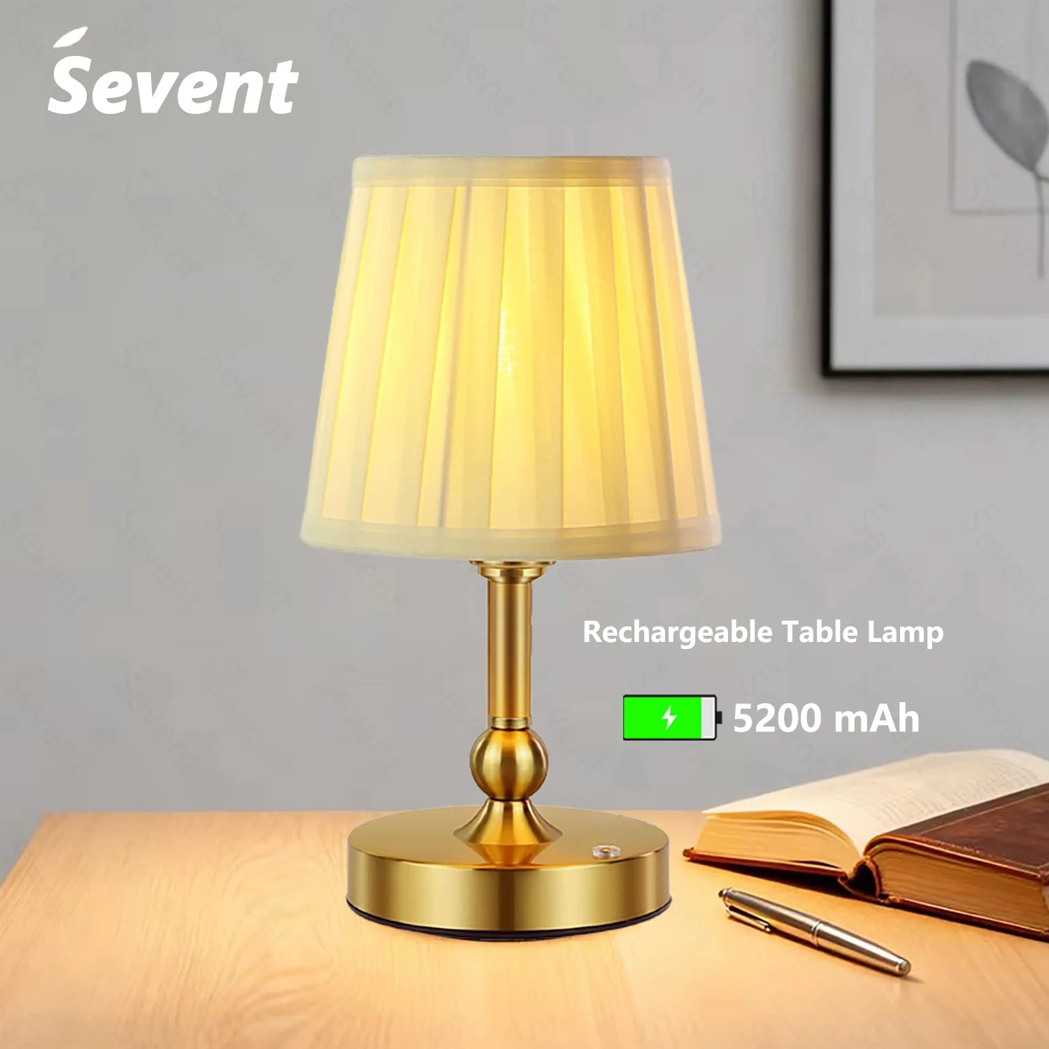 Champagne gold cordless LED touch table lamp with ribbed fabric shade and round base