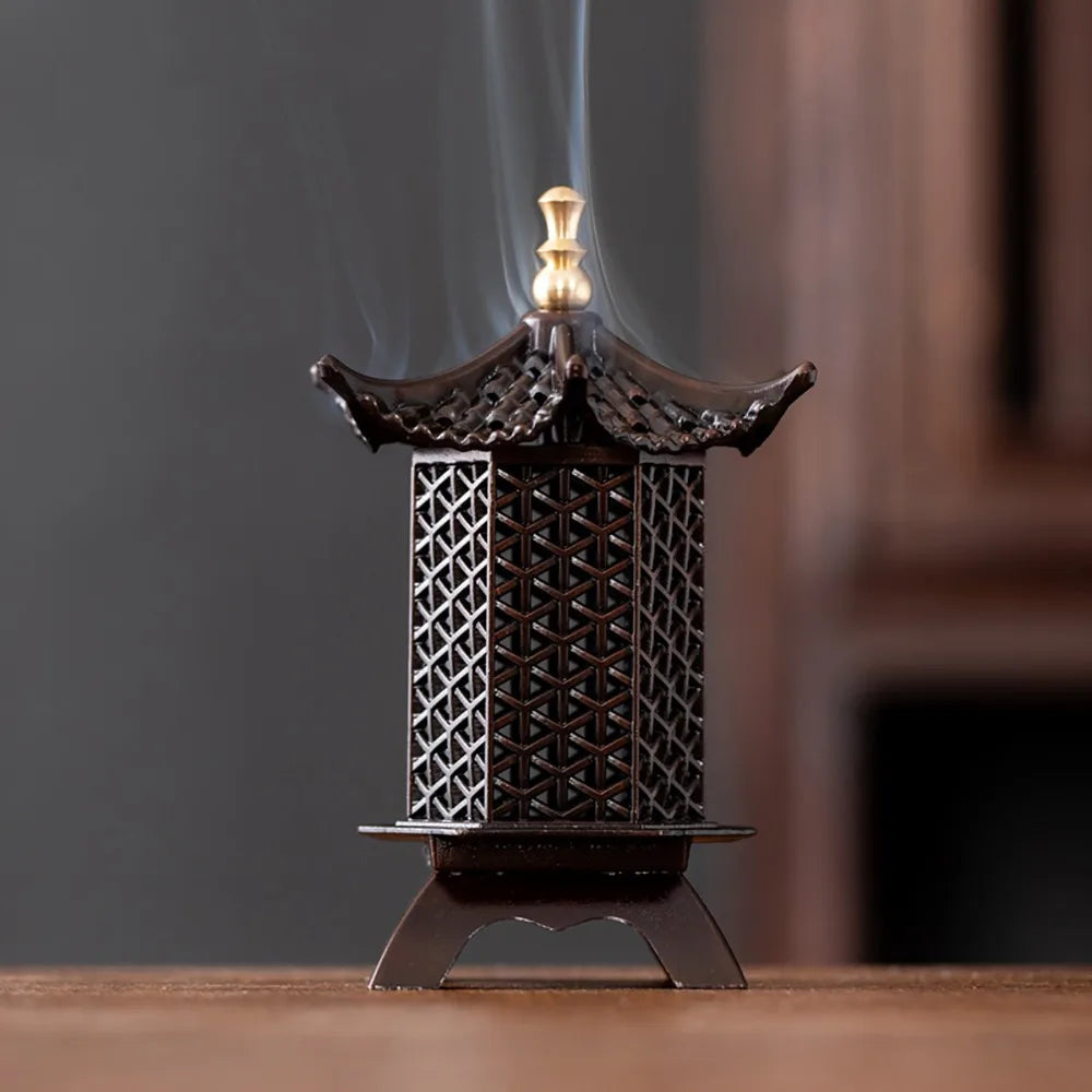 Zinc vertical incense holder with lattice side panels and umbrella top, bronze tone