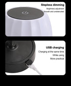 Cordless LED lamp top with touch controls and USB charging port on base