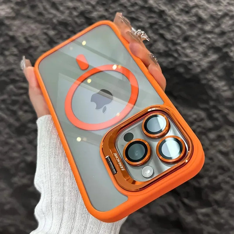 Orange magnetic lens phone case with clear back and metal ring camera cutouts