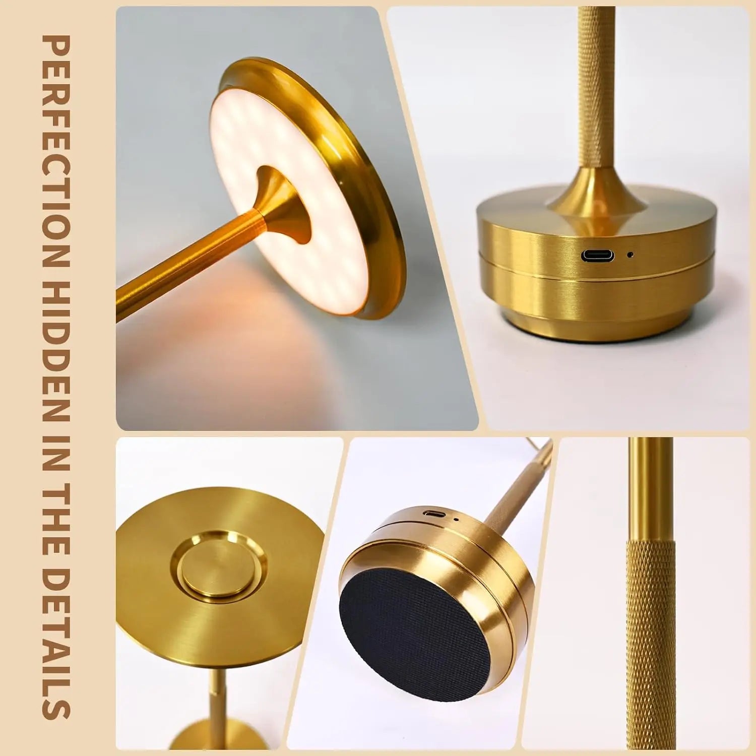 Gold cordless touch reading lamp design details: base, top cap, and side speaker