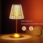 Champagne gold rechargeable crystal table lamp with ornate shade and round gold base