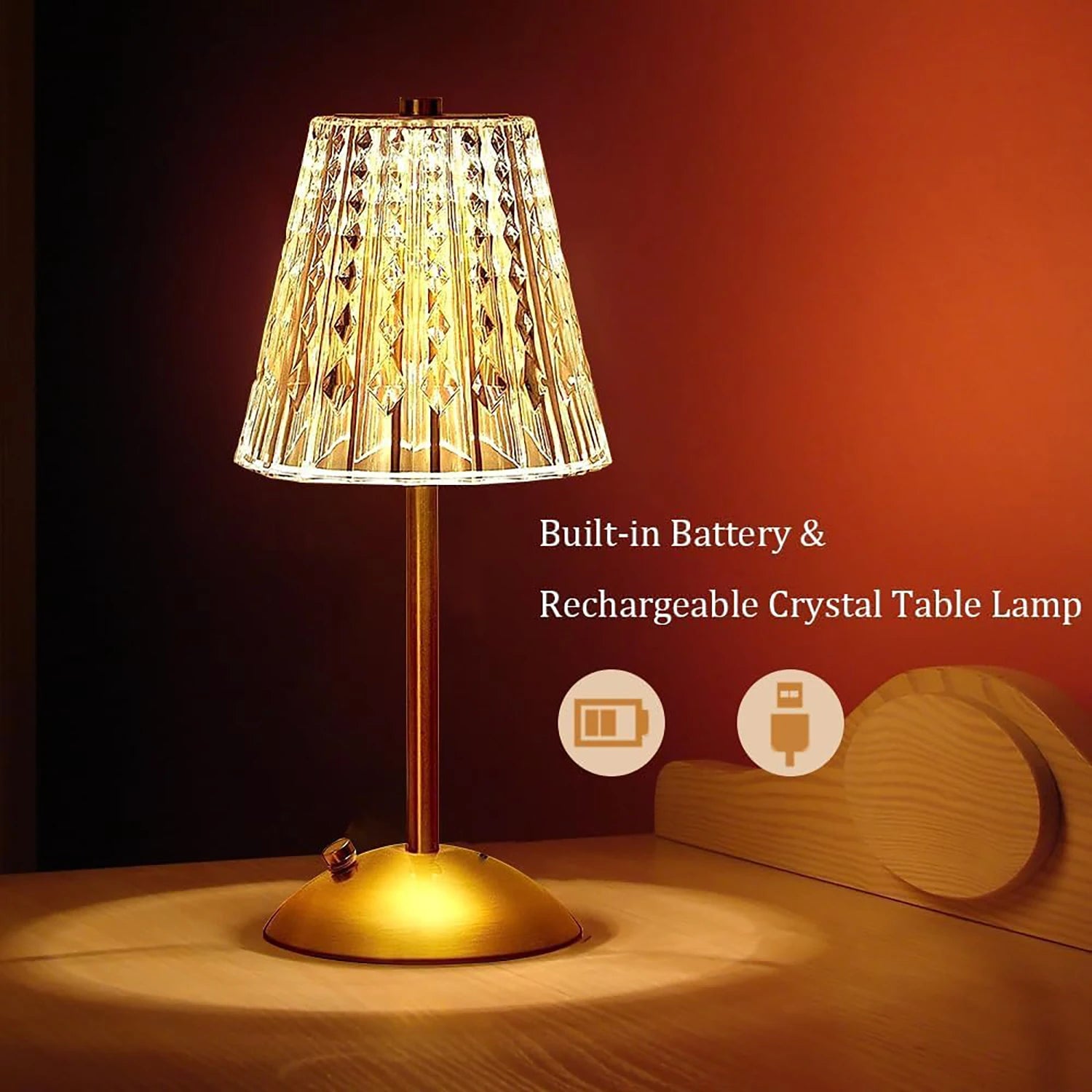 Champagne gold rechargeable crystal table lamp with ornate shade and round gold base