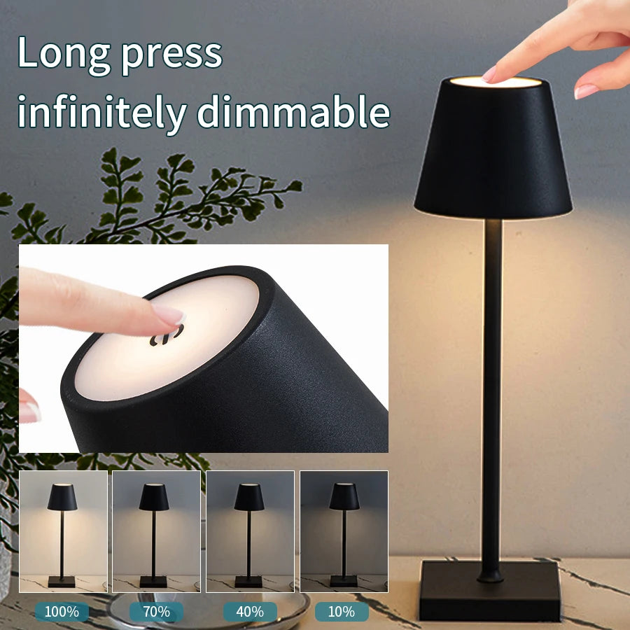 Obsidian black cordless LED desk lamp with touch top and dimmed glow