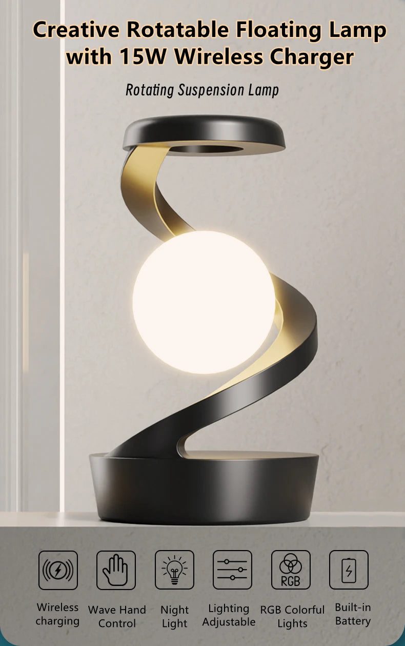Rotatable floating table lamp with bright white orb, dark gray and gold-toned frame