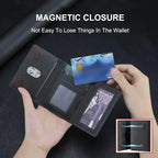 Black PU leather card holder wallet with magnetic closure, cards inside